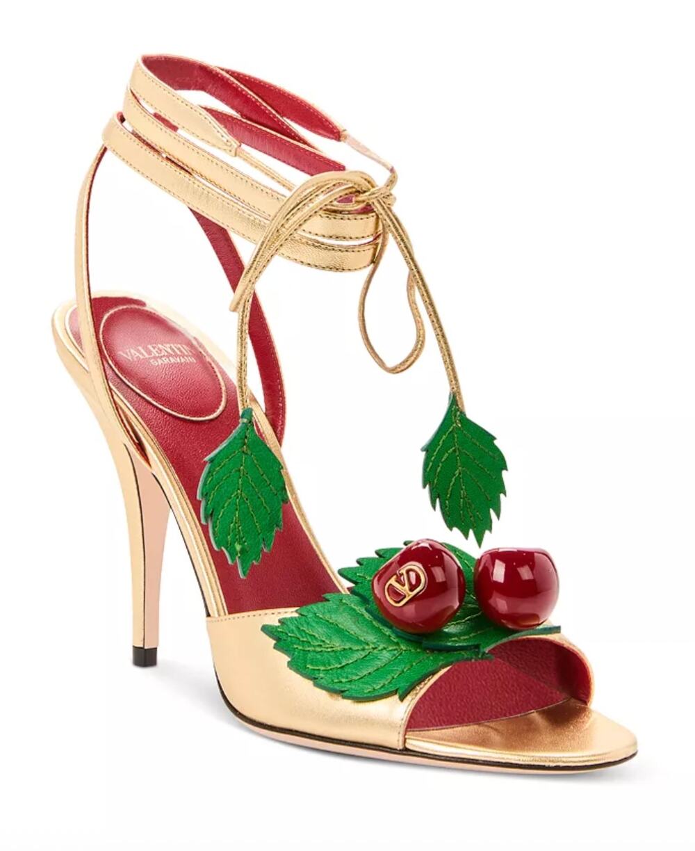 NIB Valentino Garavani Cherryfic 100 Gold Leather Cherry Sandals Heel Size 41